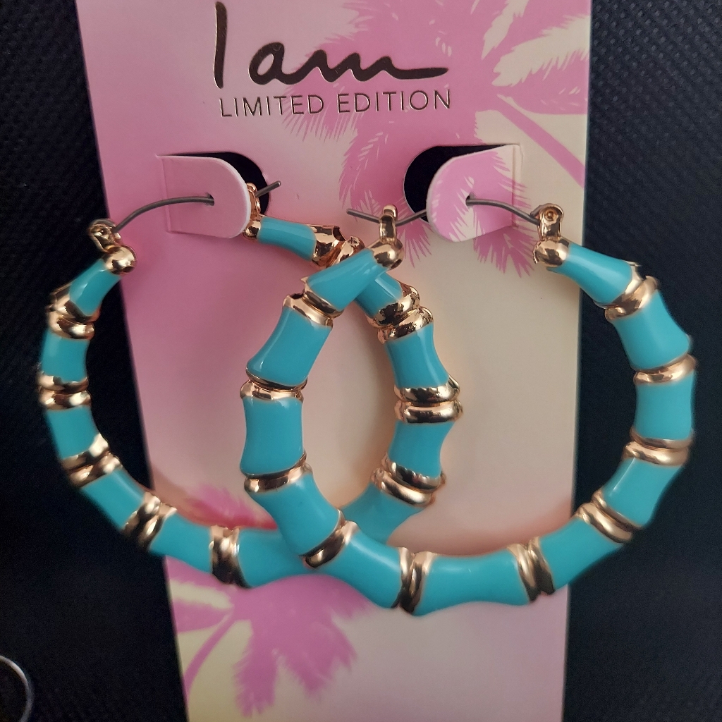 Turquoise Enameled Gold Plated Hoop Earrings New